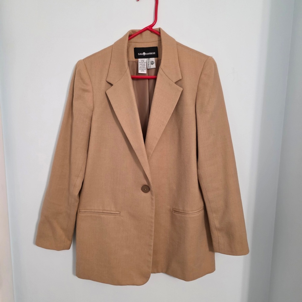 Sag Harbor Vintage 100% Wool Blazer Tan Camel Single Button Jacket Size 8
